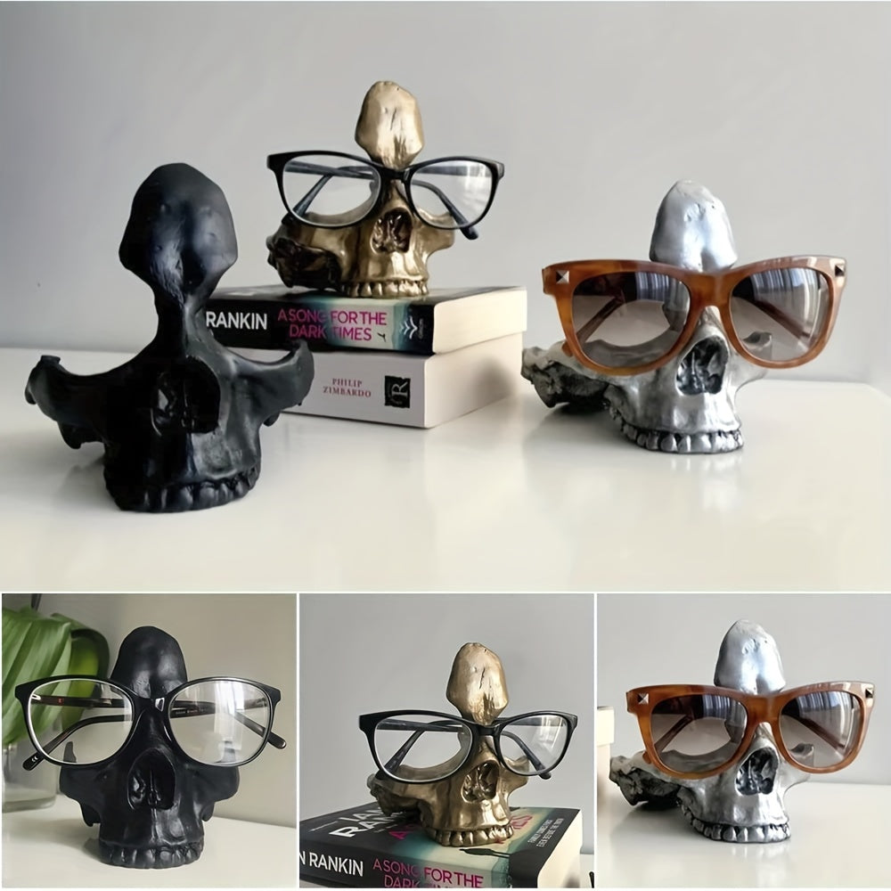 1pc Gothic Skull Glasses Holders, Skull Statues Eyewear Stand Crafts Tabletop Desktop Ornament, For Home Office Room Decor Birthday Halloween (4.8*5.6*5.6in), Day Of The Dead Decor