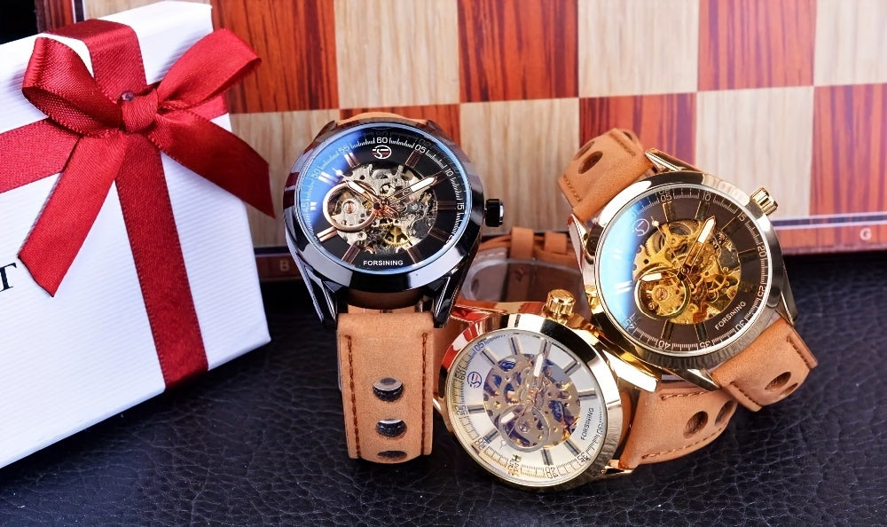 Forsining Men's Skeleton Mechanical Watch, Casual Sport Blue Light Glass, Non-Waterproof, Non-Automatic Winding, PU Leather Strap, Round Dial, Fashionable Men's Wristwatch, Gift for Men