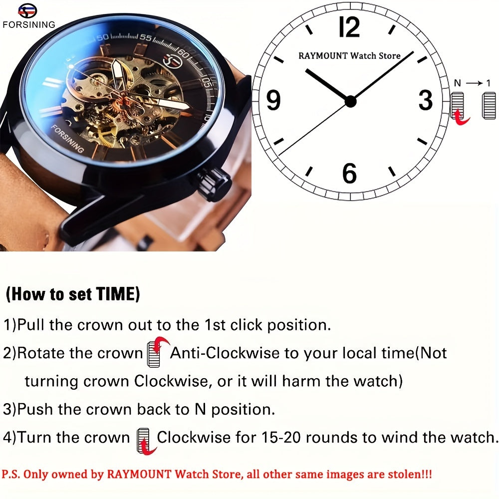 Forsining Men's Skeleton Mechanical Watch, Casual Sport Blue Light Glass, Non-Waterproof, Non-Automatic Winding, PU Leather Strap, Round Dial, Fashionable Men's Wristwatch, Gift for Men