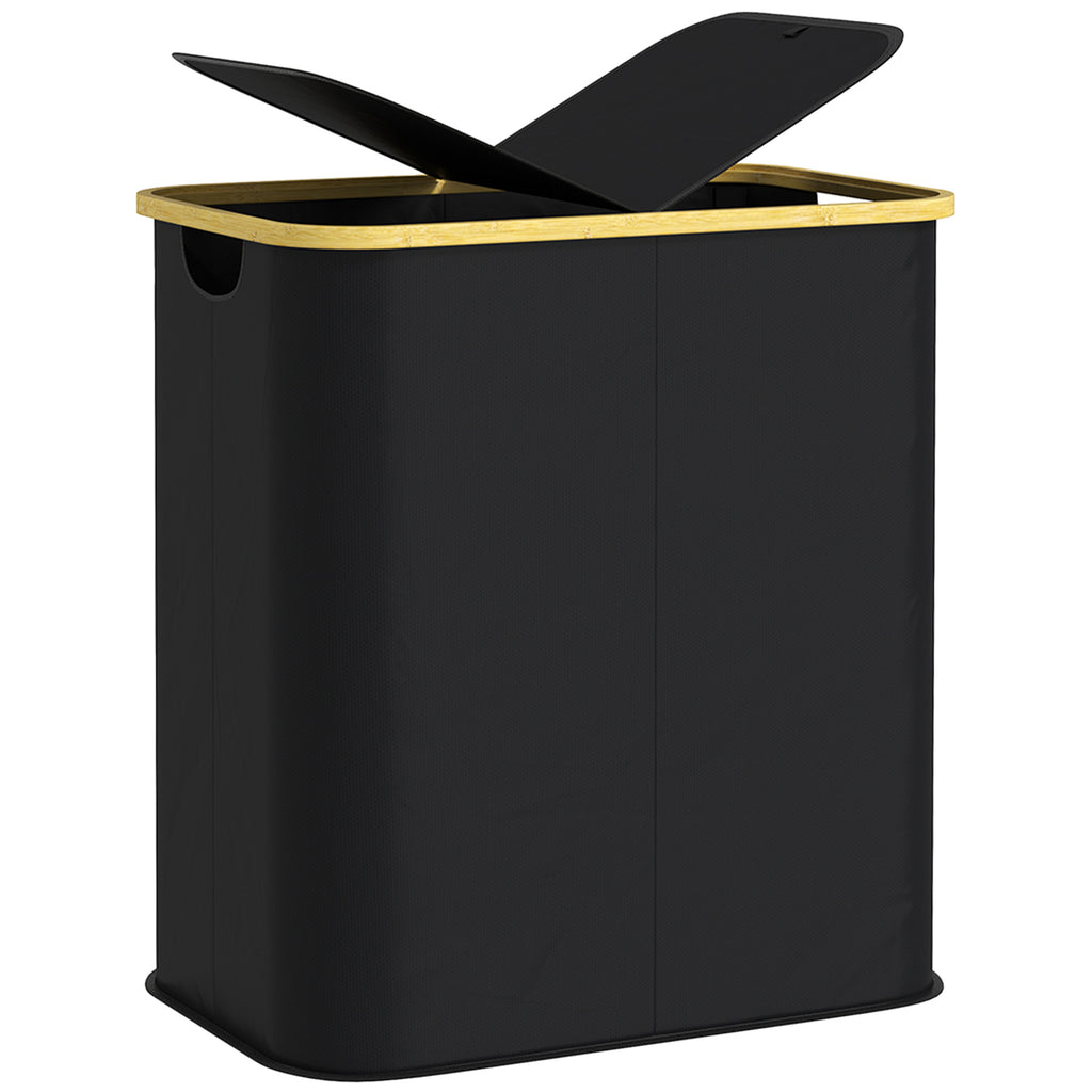 DodiOnline Double Laundry Basket With Lid, 80L Collapsible Laundry Hamper with Groove Handles, Washing Basket for Bathroom, Bedroom, Laundry Room, Black