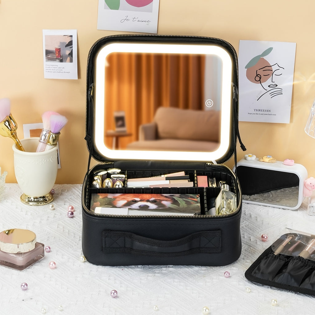 Elegant USB Rechargeable Makeup Bag for Women: Waterproof with LED Mirror, Adjustable Dividers - Ultimate Beauty Organizer
