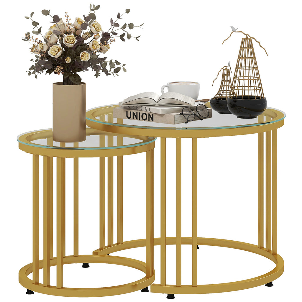 DodiOnline Round Coffee Tables Set of 2, Nesting Tables with Tempered Glass Top and Steel Frame, 60cmx60cmx47cm, Gold Tone