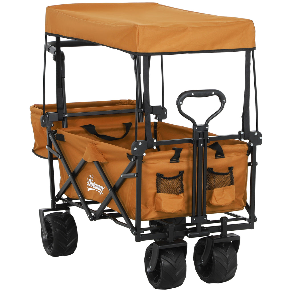 DodiOnline Folding Trolley Cart Storage Wagon Beach Trailer 4 Wheels with Handle Overhead Canopy Cart Push Pull For Shopping Camping, Orange