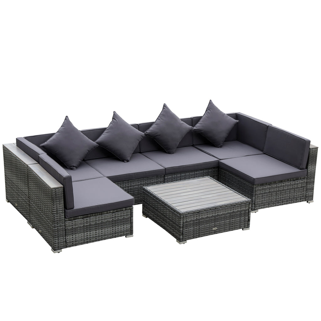 DodiOnline 7 Pieces Patio Wicker Sofa Set, Outdoor PE Rattan Sectional Furniture Set w/ Acacia Table Top & Cushion for Garden, Backyard, Grey
