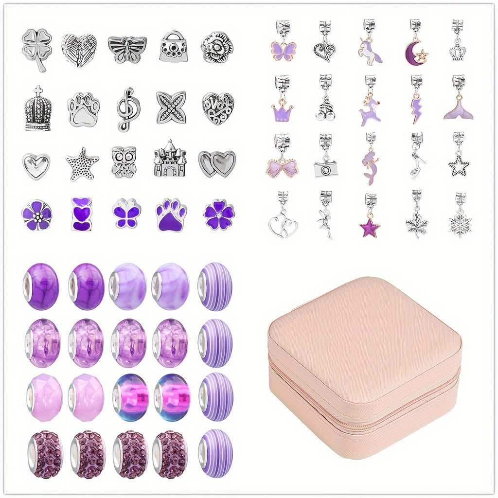 DIY Charm Bracelet Making Kit for Girls - Cute Silvery-Plated Zinc Alloy Beads with Pink Faux Leather Gift Box