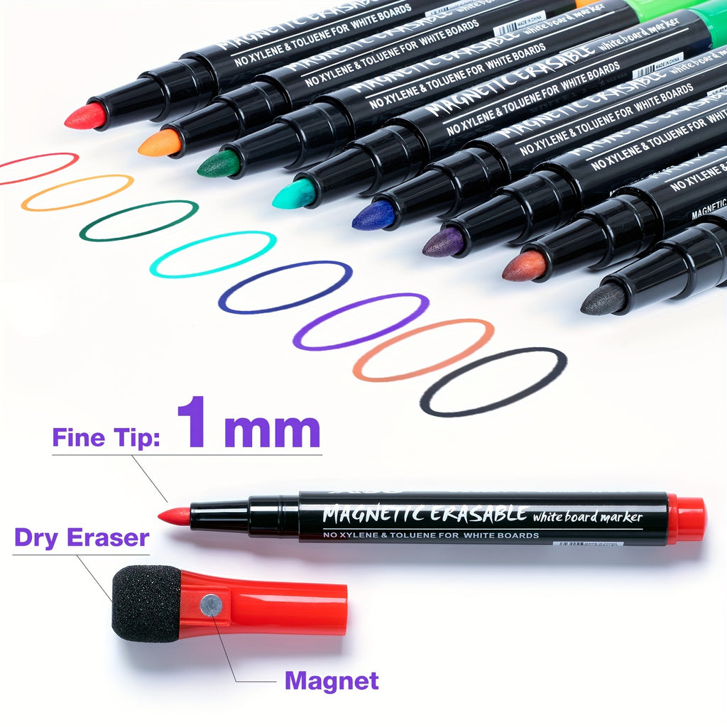 Fine Tip Dry Erase Markers 8pcs, Magnetic Dry Erase Markers With Eraser, Skinny Low Odor White Board Marker Pens Bullet Tip Fine Point Thin Dry Erase Markers For Office Supplies