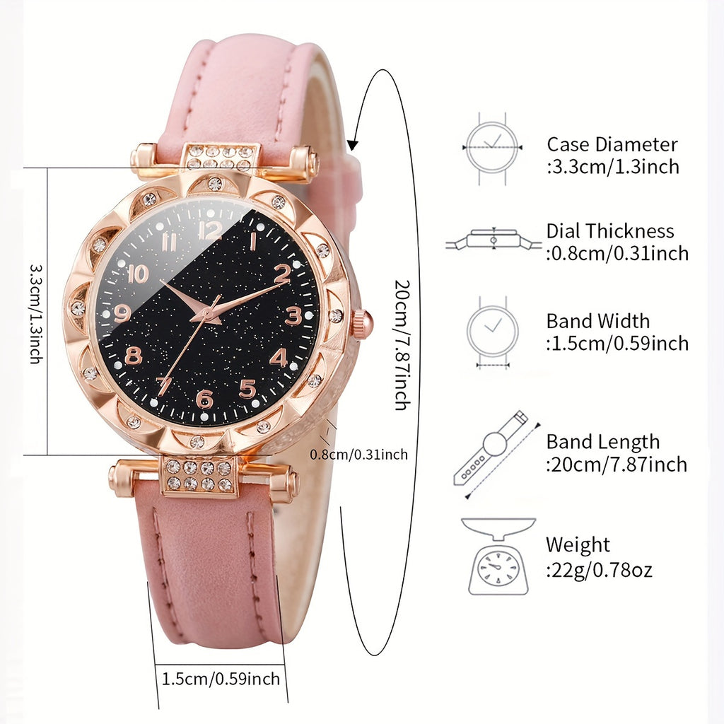 6pcs/set Women's Shiny Rhinestone Quartz Watch Analog PU Leather Wrist Watch & Butterfly Jewelry Set, Gift For Mom Her
