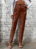 Elegant Women's Faux Leather Pants - High Waist, Comfort Stretch, Button Detail, Perfect for Fall/Winter