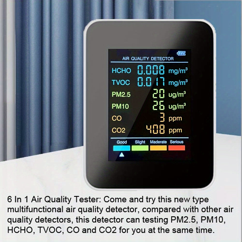 6-in-1 Multi-Function Air Quality Monitor - Detects CO2, PM2.5, PM10, TVOC & HCHO - Advanced Formaldehyde Sensor with Clear LCD Display - Ideal for Home & Office Air Health Monitoring