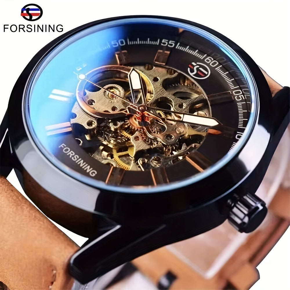 Forsining Men's Skeleton Mechanical Watch, Casual Sport Blue Light Glass, Non-Waterproof, Non-Automatic Winding, PU Leather Strap, Round Dial, Fashionable Men's Wristwatch, Gift for Men