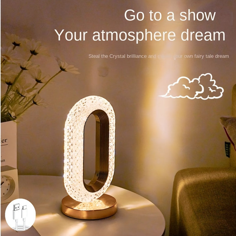 1 luxurious oval crystal table lamp, office USB charging lamp, living room bedside night light decorative table lamp suitable for bedroom, living room, party and dinner decoration creative lamp
