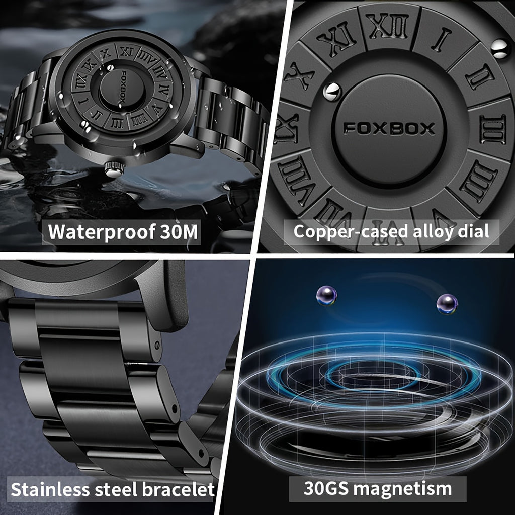 FOXBOX Fashionable Men's Watch, Cool Dial Display Design Waterproof Rotating Magnetic Bead Watch, Family Party Gift, Black And Grey Leather Belt