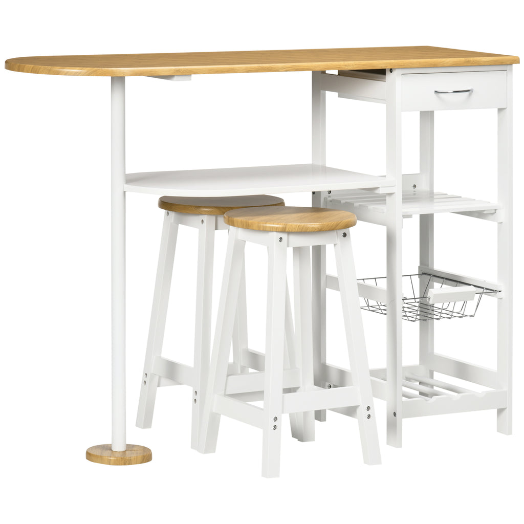 DodiOnline 3 Piece Bar Table Set, Breakfast Bar table and Stools with Storage Shelf, Drawer, Wire Basket and Wine Rack for Kitchen, Home Bar, Natural and White