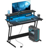 DodiOnline Gaming Desk with LED Lights and Power Outlets, 100 x 60cm Z Shaped Computer Desk with Monitor Stand and Steel Frame, PC Gaming Table for Home Office, Black