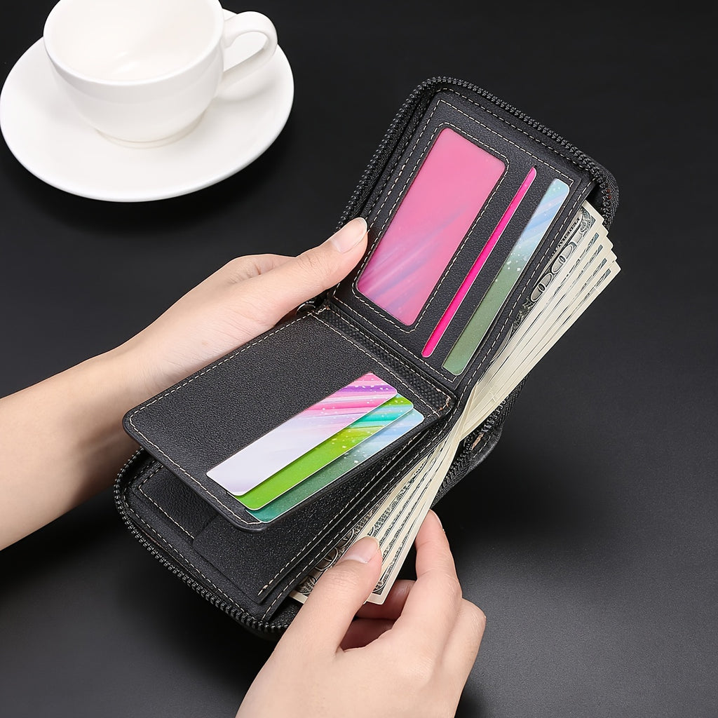 1pc Men's Zippered Short Wallet, Multi-card Holder, PU Leather Folding Wallet