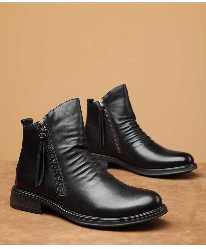 Men's Casual Leather High-top Boots: Stylish, Durable & Non-slip; All-season Wear with Comfortable Zip Closure