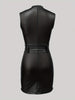 Solid Color PU Leather Beaded Dress, Stylish Slit Bodycon Belted Sleeveless Dress For Spring & Summer, Women's Clothing