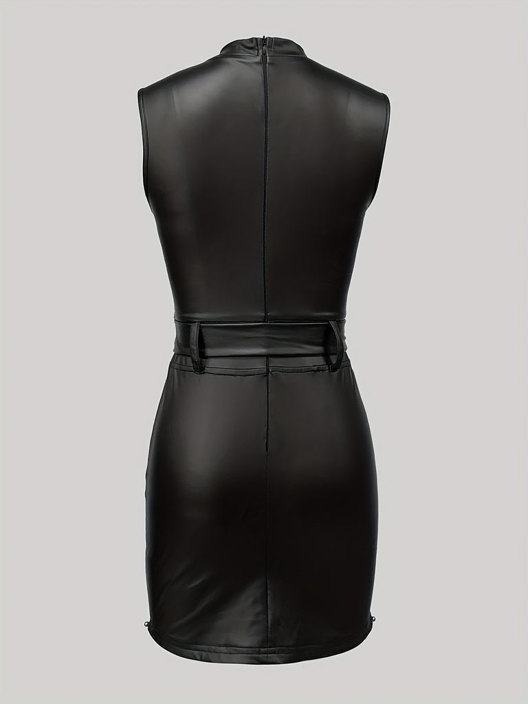 Solid Color PU Leather Beaded Dress, Stylish Slit Bodycon Belted Sleeveless Dress For Spring & Summer, Women's Clothing