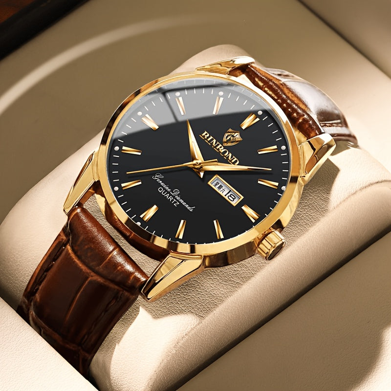 BINBOND Men's Fashion Quartz Watch, Casual Style, Round Alloy Case, Non-Waterproof, with Genuine Leather Strap, Date/Calendar Feature, Electronic Drive, Double Calendar, Waterproof, BINBOND