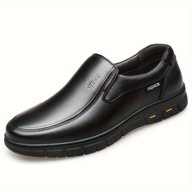 Mens Top Layer Cowhide Round Toe Slip On Dress Shoes - Durable Non Slip Rubber Sole, Breathable PU Insole, Solid Color, Perfect for Wedding, Business, Party, Banquet, Office in Spring, Summer, and Fall Seasons