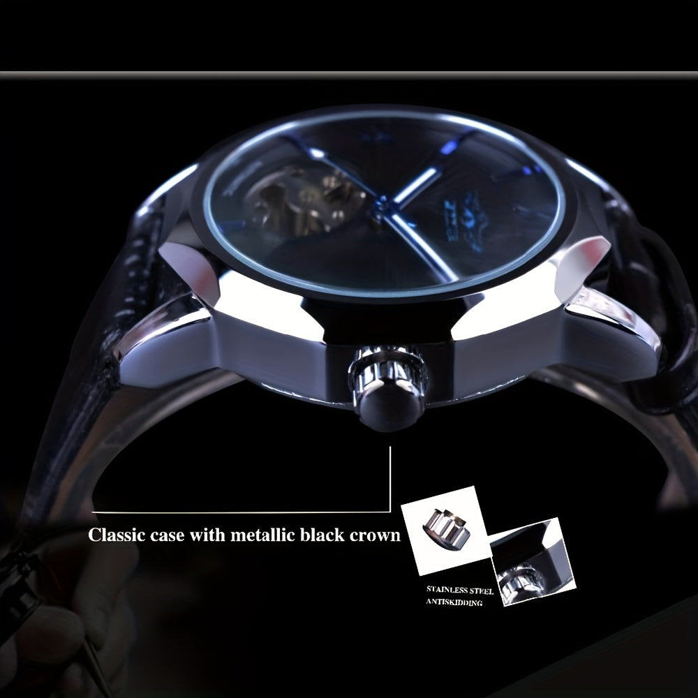 T-WINNER Men's Luxury Automatic Mechanical Watch - Blue Ocean Geometric Design, Transparent Skeleton Dial, Stainless Steel Case & Faux Leather Strap