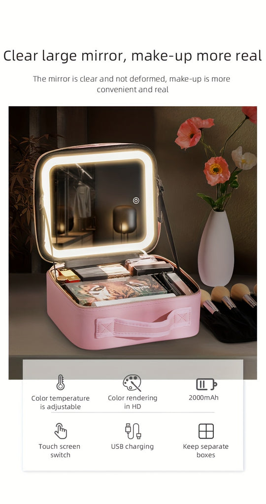Elegant USB Rechargeable Makeup Bag for Women: Waterproof with LED Mirror, Adjustable Dividers - Ultimate Beauty Organizer