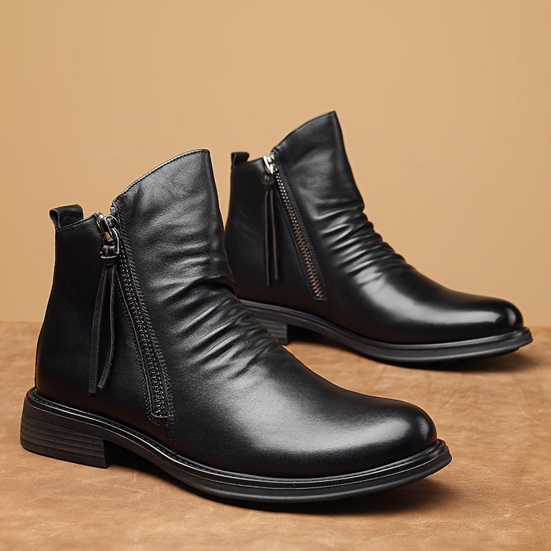 Men's Casual Leather High-top Boots: Stylish, Durable & Non-slip; All-season Wear with Comfortable Zip Closure