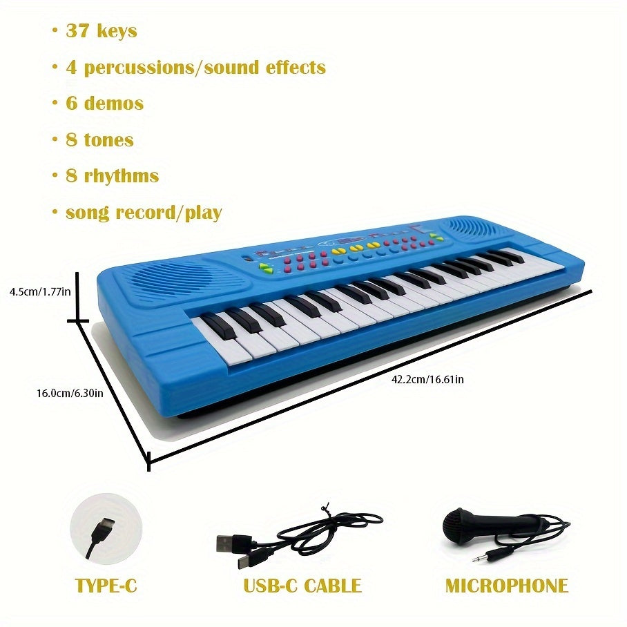 37-Key Portable Multifunctional Electronic Piano Keyboard - Pianos & Keyboards with Microphone, USB-C Cable, Tone and Rhythm Adjustment, Recording and Replaying Function, Ideal for Teaching, Birthday Gifts and Home Entertainm