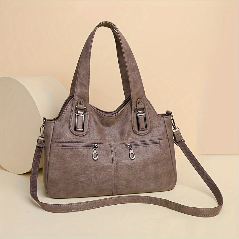 Retro PU Leather Tote Bag, Multi Pockets Shoulder Purse, Women's Large Capacity Crossbody Bag