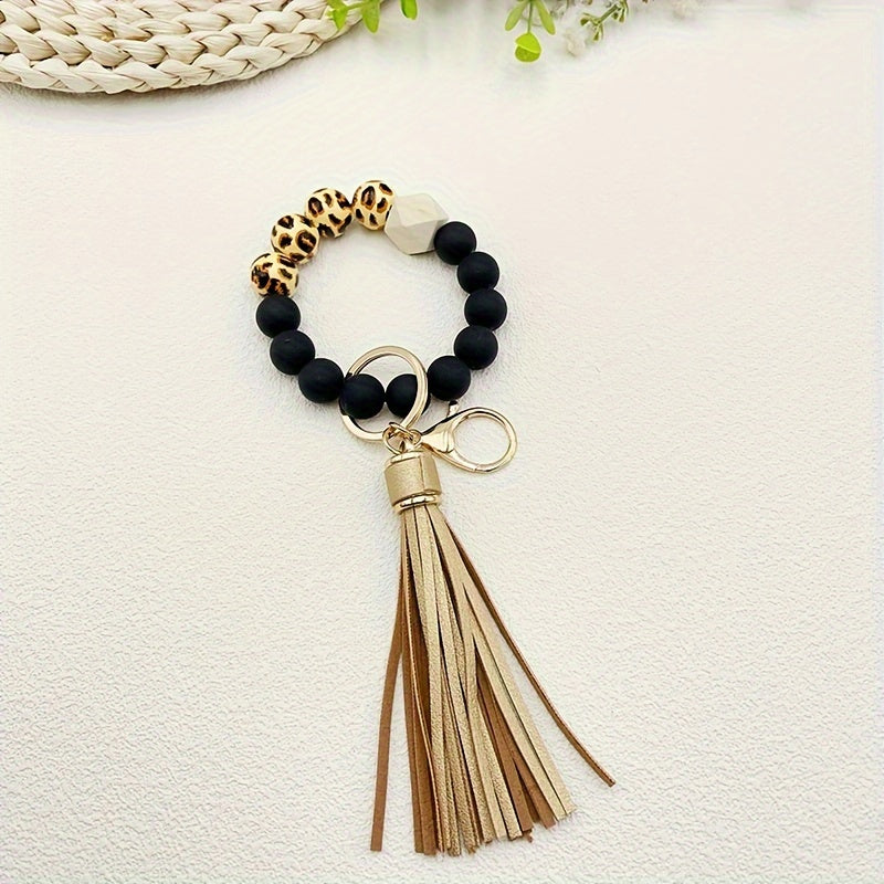 1pc Stylish Leopard Pattern Silicone Wooden Beaded Wristlet Keychain - Fashionable PU Leather Tassel Bag Charm, Phone Lanyard, Bangle Keychain for Women's Daily Use - Perfect Gift for Friends and Family