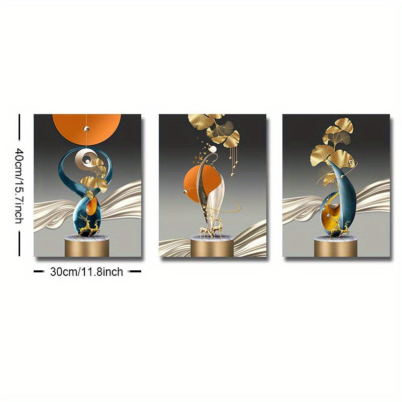 3pcs Geometry Art Canvas Print Posters, Golden Deer Ginkgo Leaf Canvas Wall Art Paintings, Artwork Wall Painting For Living Room Bedroom Bathroom Office Hallway Kitchen Wall Decors, No Frames