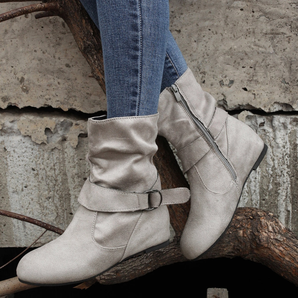 Womens Classic Solid Color Ankle Boots with Round-Toe Design - Fashion Buckle Belt & Side Zipper Closure - Ultra-Comfortable Outdoor Shoes for Stylish Adventures