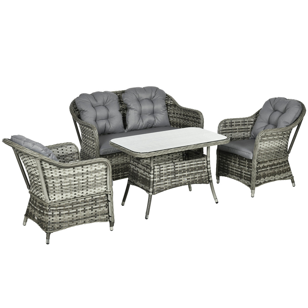 DodiOnline Four-Piece Rattan Set, with Glass-Top Table - Grey