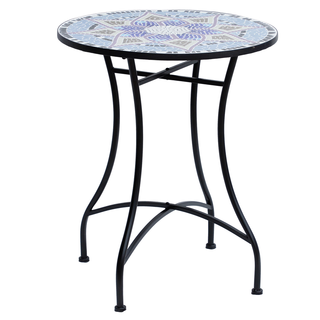 DodiOnline Outdoor Mosaic Round Garden Table, Patio Bistro Coffee Side Table with 60cm Ceramic Top for Garden, Blue and White