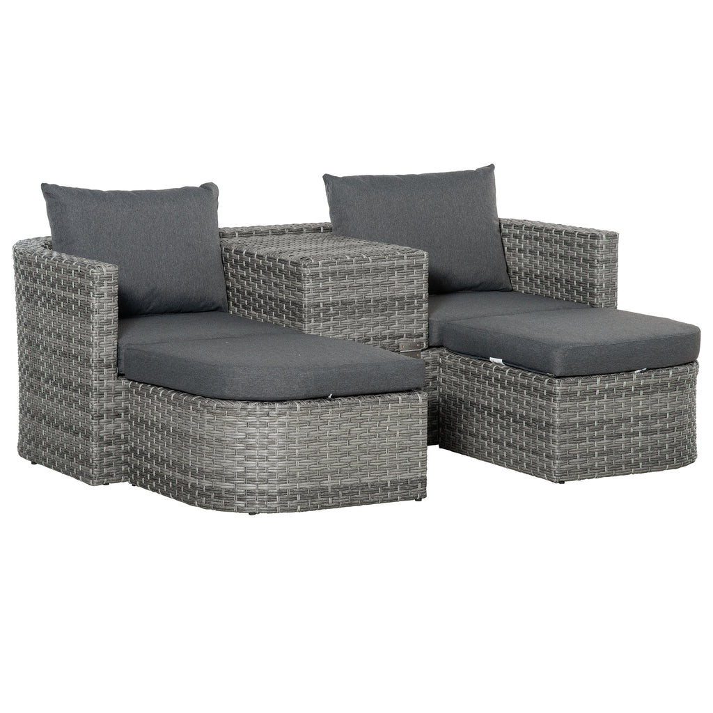 DodiOnline 3 Piece Rattan Outdoor Furniture Set with Cushions, Patio Wicker Conversation Double Chaise Lounge Furniture Set with Convertible Middle Table, Mixed Grey
