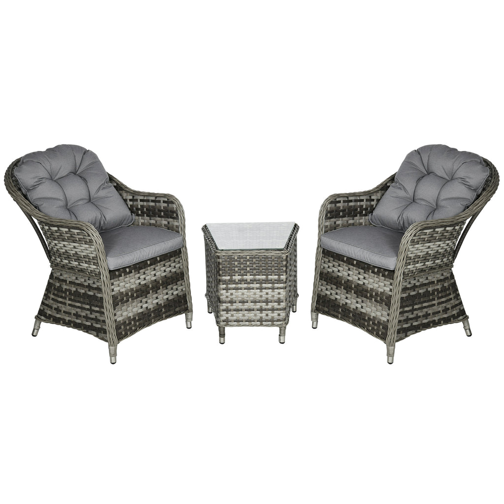 DodiOnline 3 Pieces Rattan Bistro Set, Wicker Garden Bistro Set, Glass Top Balcony Table and Chairs with Cushions for Outdoor, Patio, Balcony, Grey