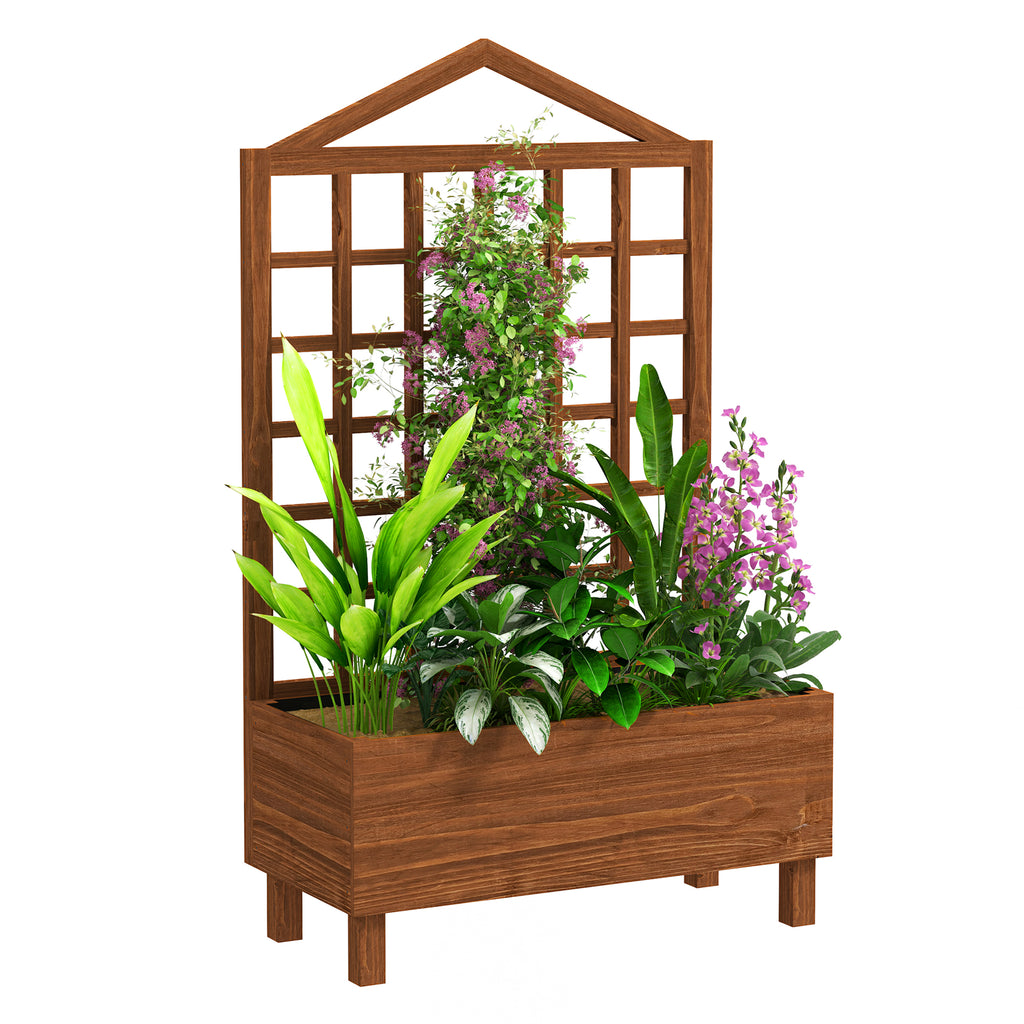 DodiOnline Garden Planters with Trellis for Vine Climbing, Distressed Wooden Raised Beds, 90x43x150cm, Brown