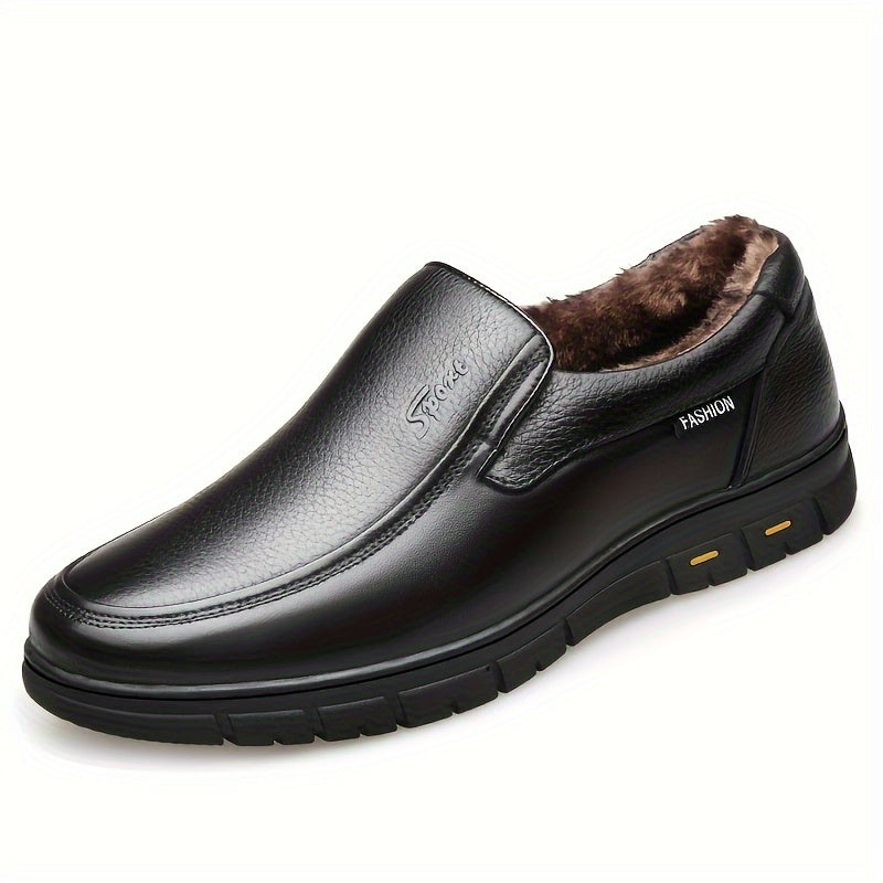 Mens Top Layer Cowhide Round Toe Slip On Dress Shoes - Durable Non Slip Rubber Sole, Breathable PU Insole, Solid Color, Perfect for Wedding, Business, Party, Banquet, Office in Spring, Summer, and Fall Seasons