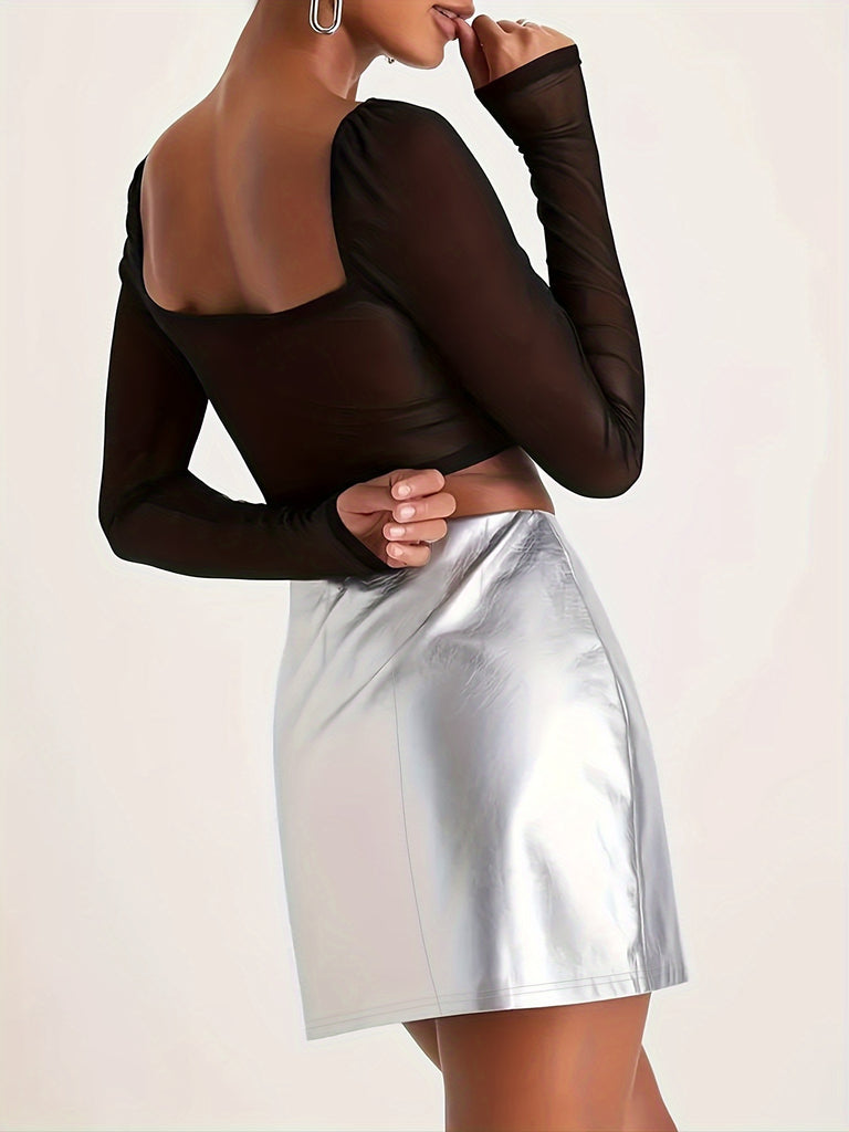 Pu Leather Metallic High Waist Skirt, Elegant A-line Bodycon Skirt, Women's Clothing