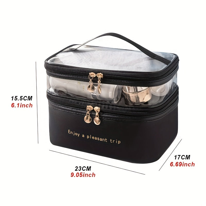 Double-layer Cosmetic Bag Solid Color PU Transparent Wash Handbag Travel Portable Large-capacity Storage Bag