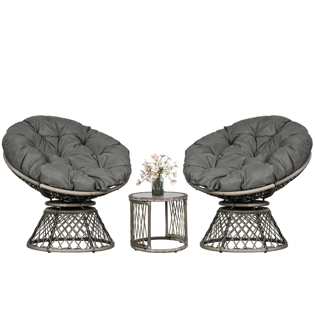DodiOnline Three-Piece Rattan Garden Moon Chair Set - Grey