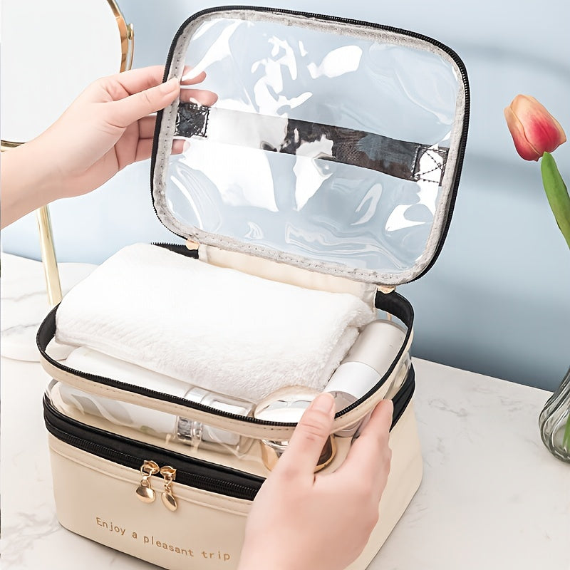 Double-layer Cosmetic Bag Solid Color PU Transparent Wash Handbag Travel Portable Large-capacity Storage Bag