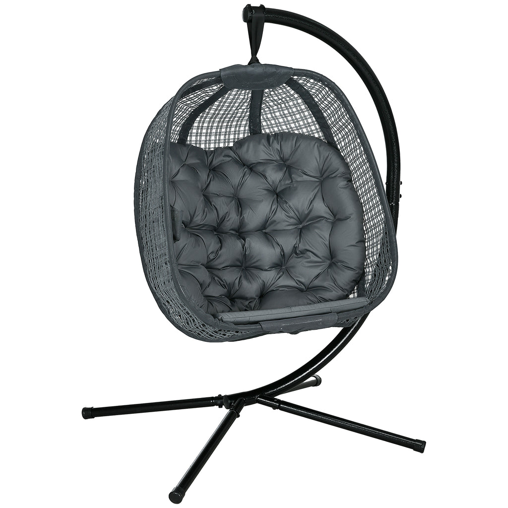 DodiOnline Outdoor Swing Chair with Thick Padded Cushion, Patio Hanging Chair with Metal Stand, Egg Chair with Foldable Basket, Cup Holder, for Indoor and Outdoor, Dark Grey