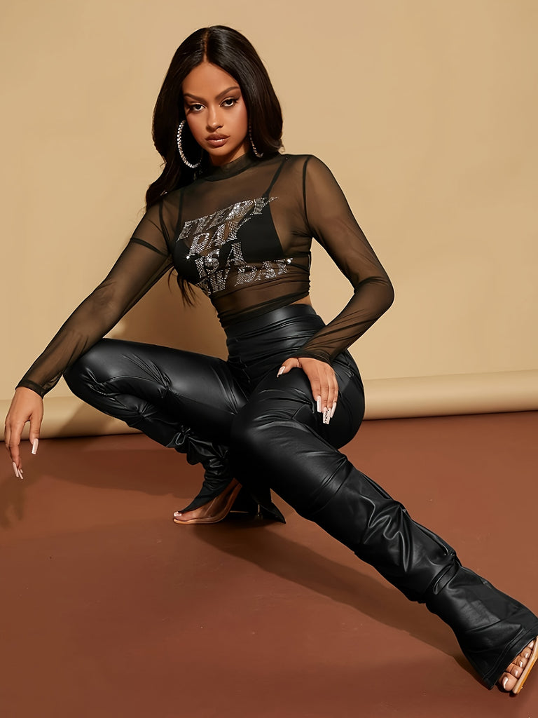 Faux Leather Skinny Split Pants, Stylish Solid High Waist Pants, Women's Clothing