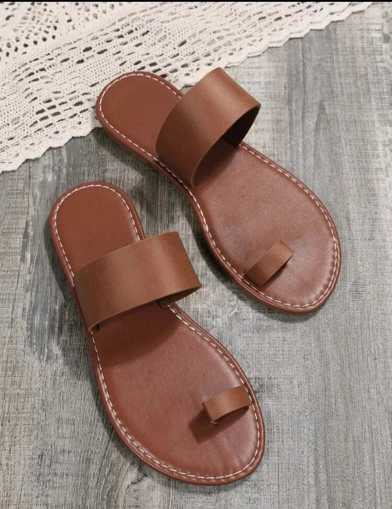 Women's Dark Brown Toe Loop Sandals, Open Round Toe Flat Comfy Fashion Slippers, Women's Indoor & Outdoor Slides