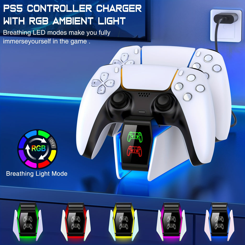 Dual PS5 Controller Charger Station with LED Light - Fast Charging, Space-Saving Dual Stand Dock for Playstation 5 Dualsense Controllers - BEBONCOOL, White, ABS Material, No Electronic Components