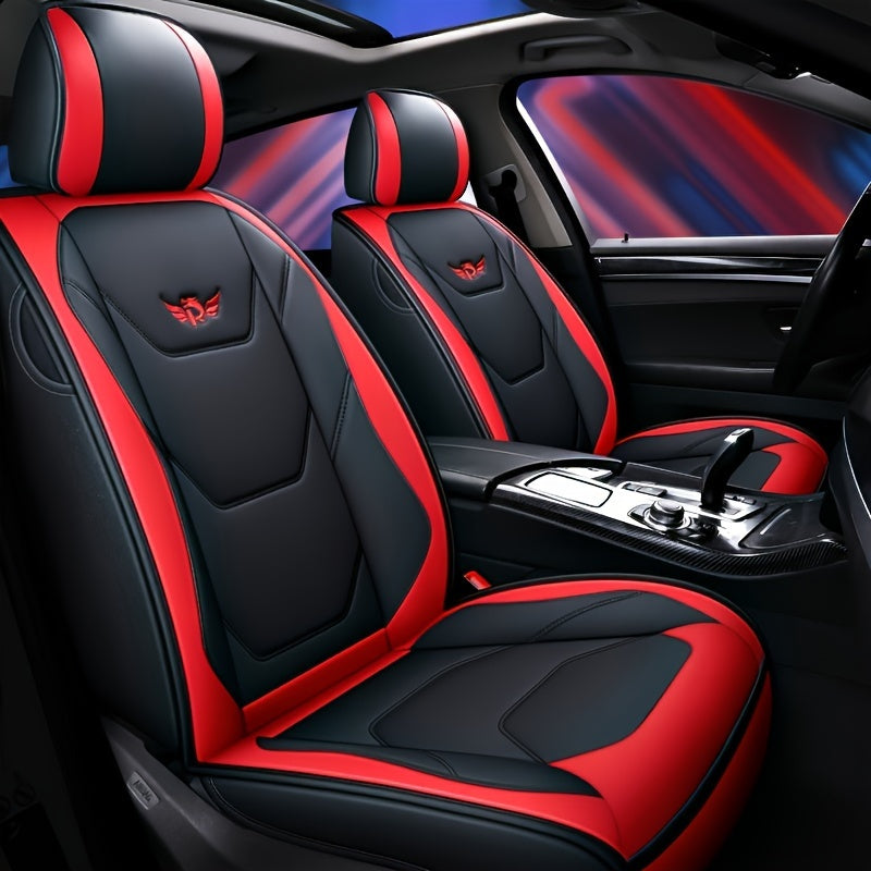 1pc Fit PU Leather Car Seat Cover, Breathable Front Seat Protector with Safety Cushion Compatibility, Sponge Filled, Non-Textile Weaving, Stylish Ergonomic Design with Red Accent Stitching, Available in Black/Brown/Beige/Blue