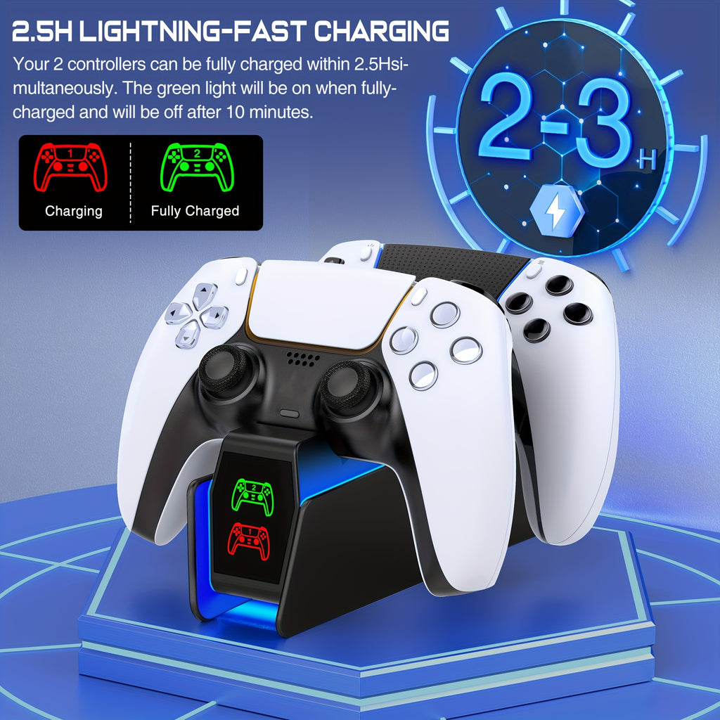 Dual PS5 Controller Charger Station with LED Light - Fast Charging, Space-Saving Dual Stand Dock for Playstation 5 Dualsense Controllers - BEBONCOOL, White, ABS Material, No Electronic Components