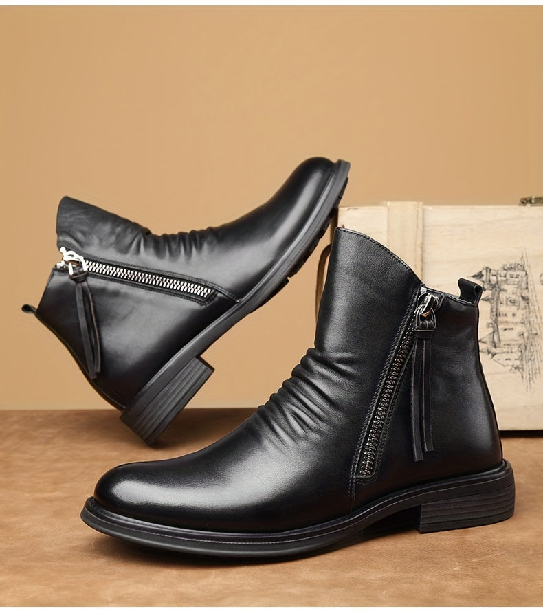 Men's Casual Leather High-top Boots: Stylish, Durable & Non-slip; All-season Wear with Comfortable Zip Closure