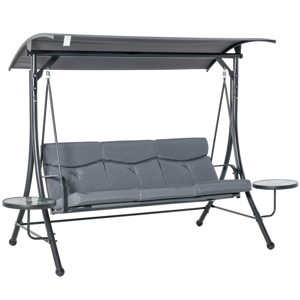 DodiOnline 3 Seater Garden Swing Chair with Adjustable Canopy, Cushion and Coffee Tables for Outdoor Patio Garden Grey